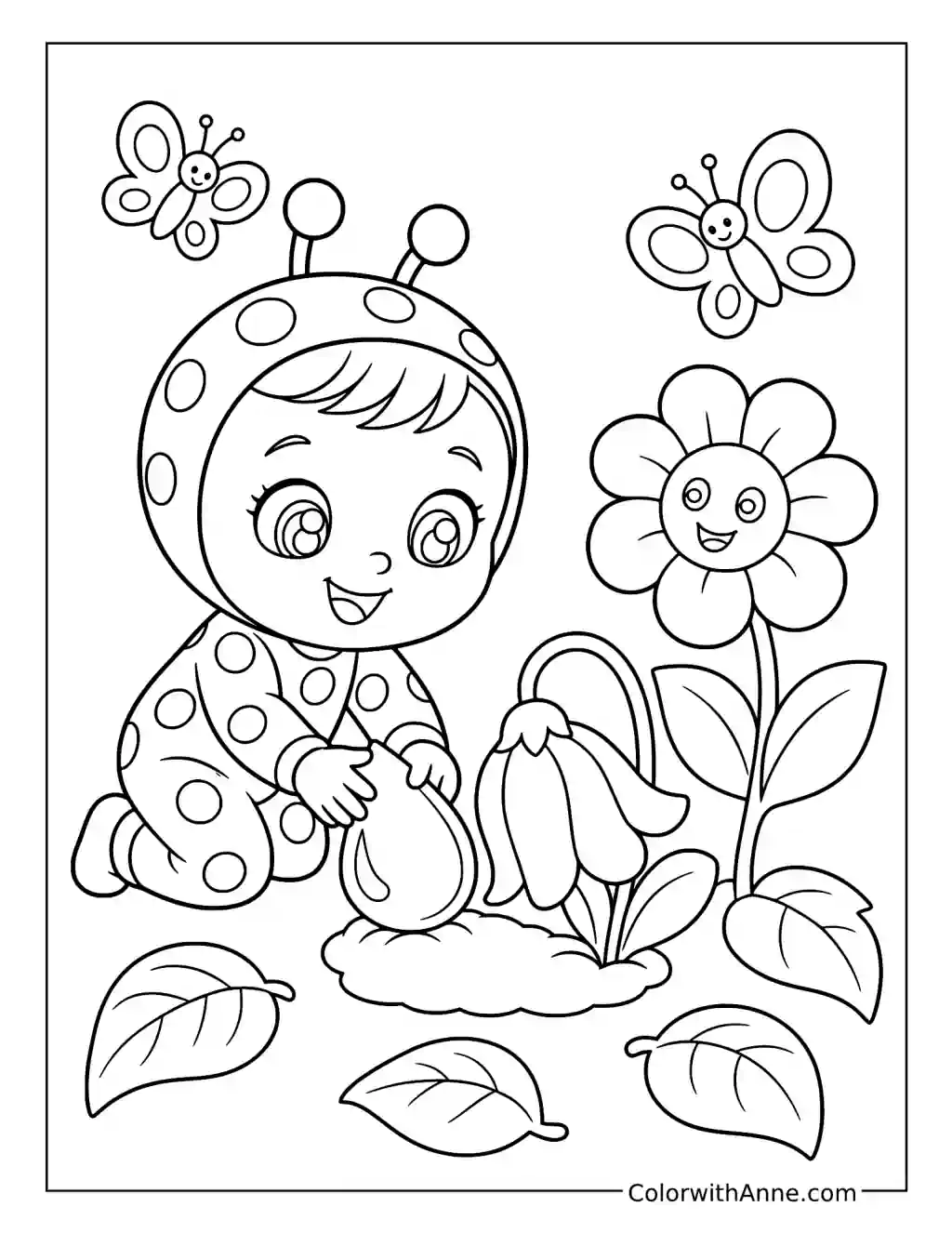 Lady Holding a Water Drop Beside Flowers coloring page