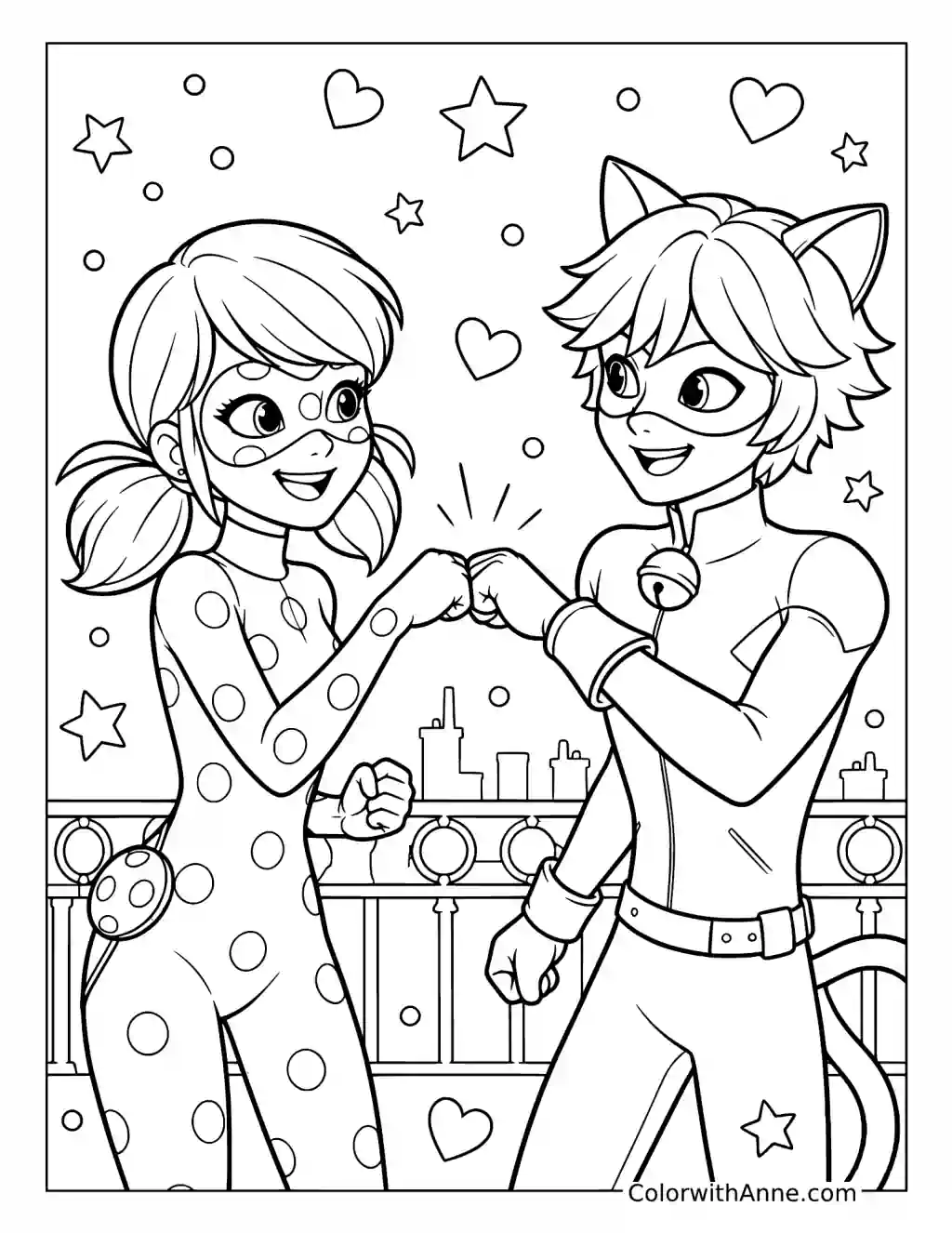 Ladybug and Cat Noir Bumping Fists coloring page