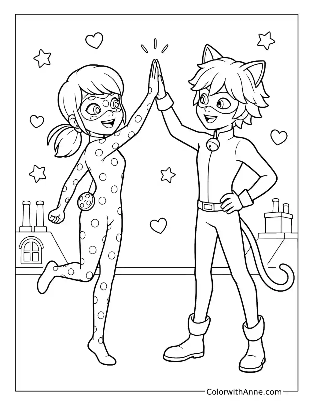 Ladybug and Cat Noir Giving a High Five coloring page