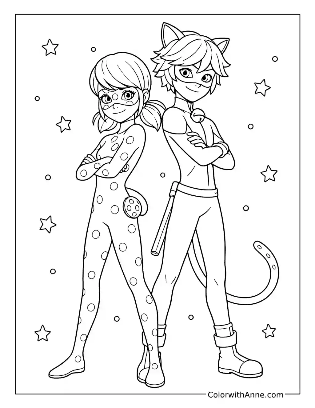 Ladybug and Cat Noir Standing Back to Back coloring page