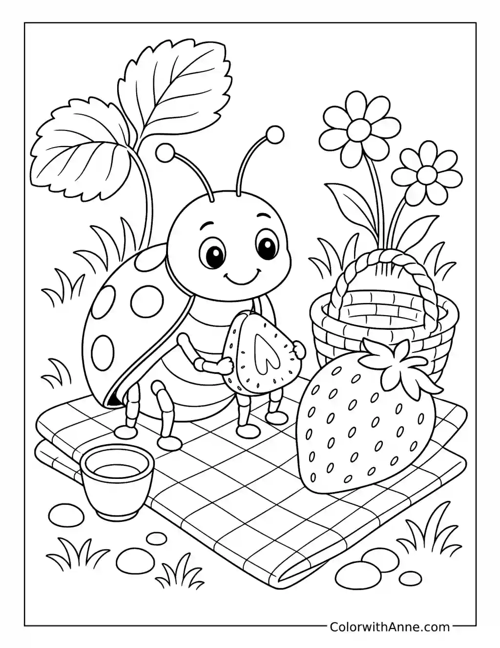 Ladybug Strawberry Picnic coloring page