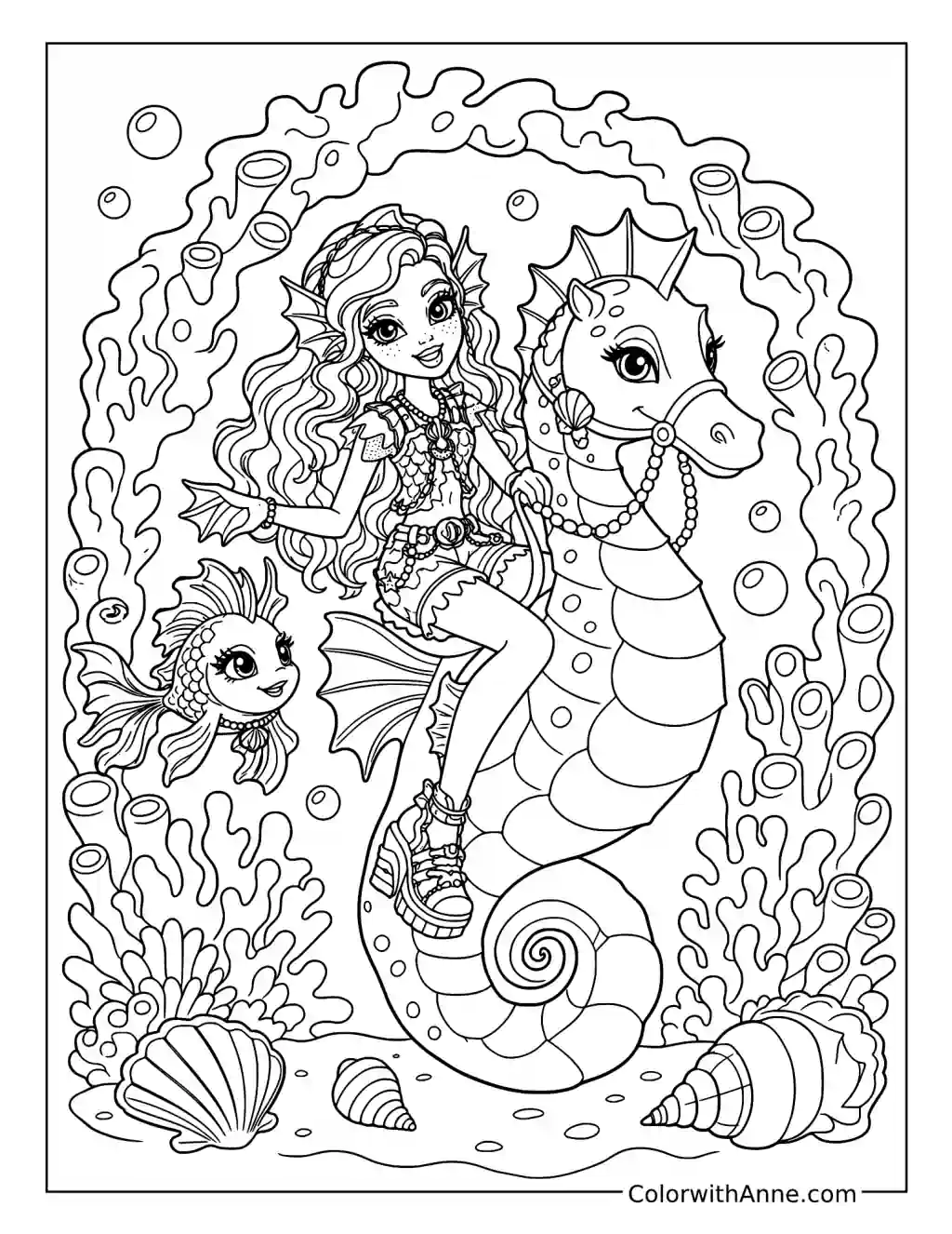 Lagoona Blue Riding a Seahorse with Neptuna coloring page
