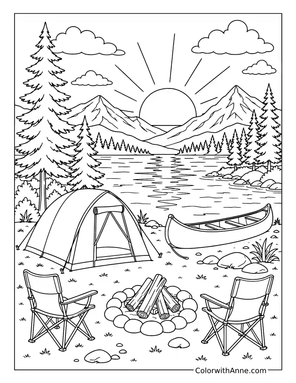 Lakeside Camping Sunset coloring page