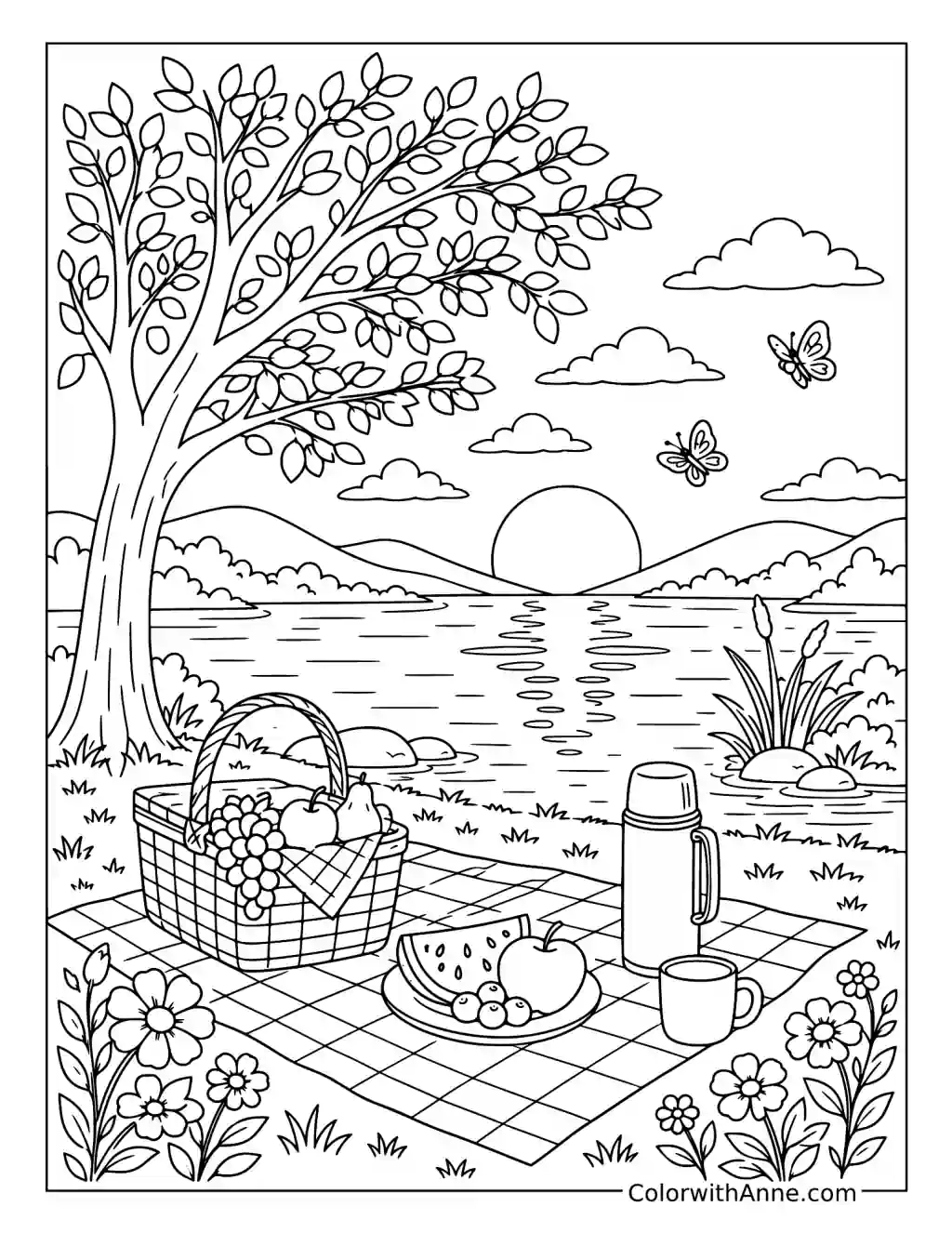 Lakeside Sunset Picnic coloring page