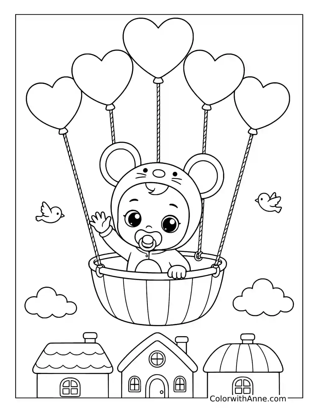 Lala Riding a Heart Balloon Basket coloring page