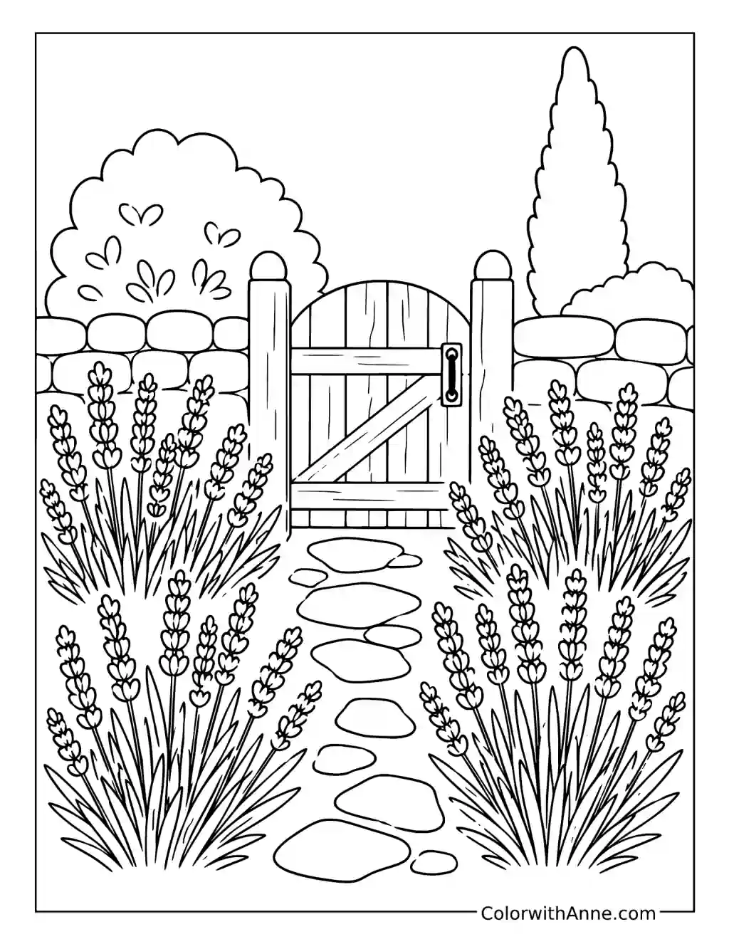 Lavender Border along a Path to a Garden Gate coloring page