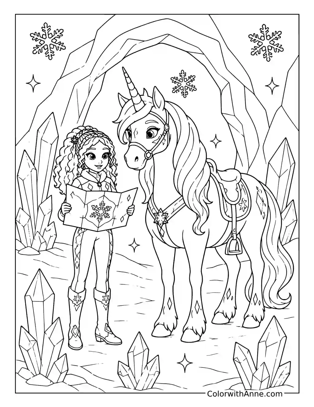 Layla and Glacier Exploring an Ice Crystal Cave coloring page