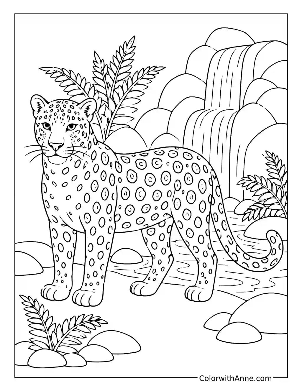 Leopard Beside a Jungle Waterfall coloring page