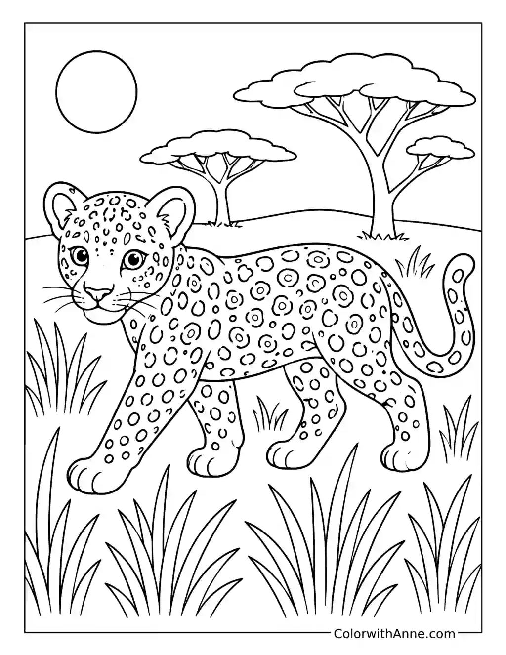Leopard Cub Walking Through Savanna Grass coloring page