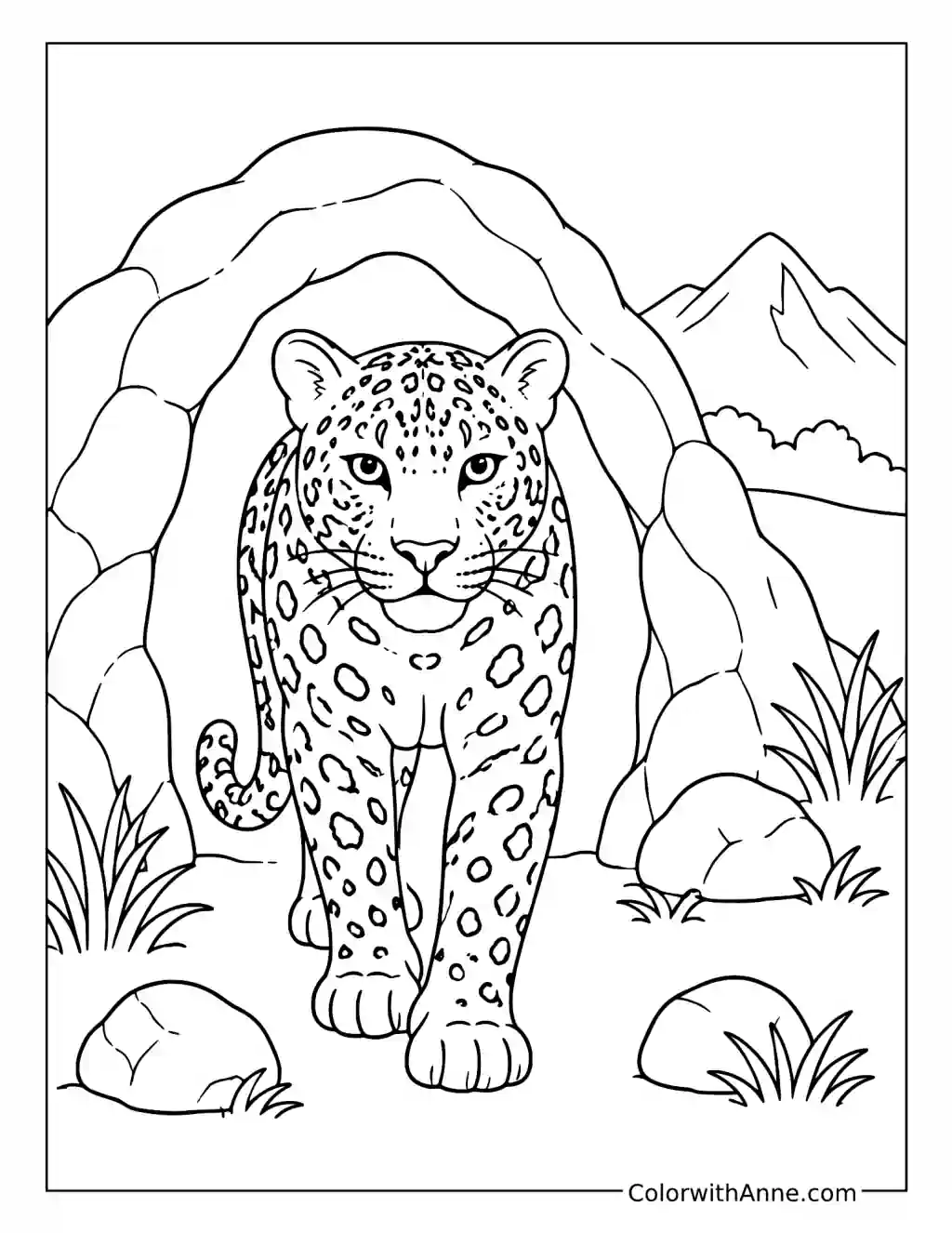 Leopard Emerging from a Rocky Cave coloring page