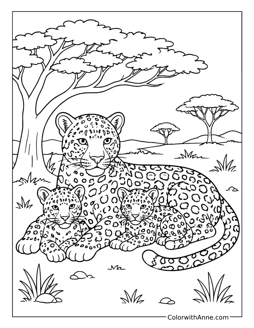 Leopard Family Resting Under an Acacia Tree coloring page