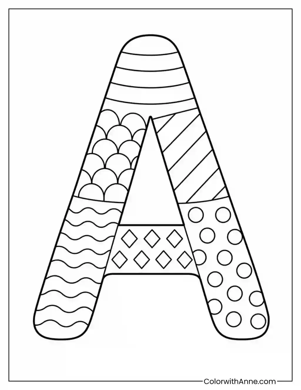 Letter A Filled with Geometric Patterns coloring page