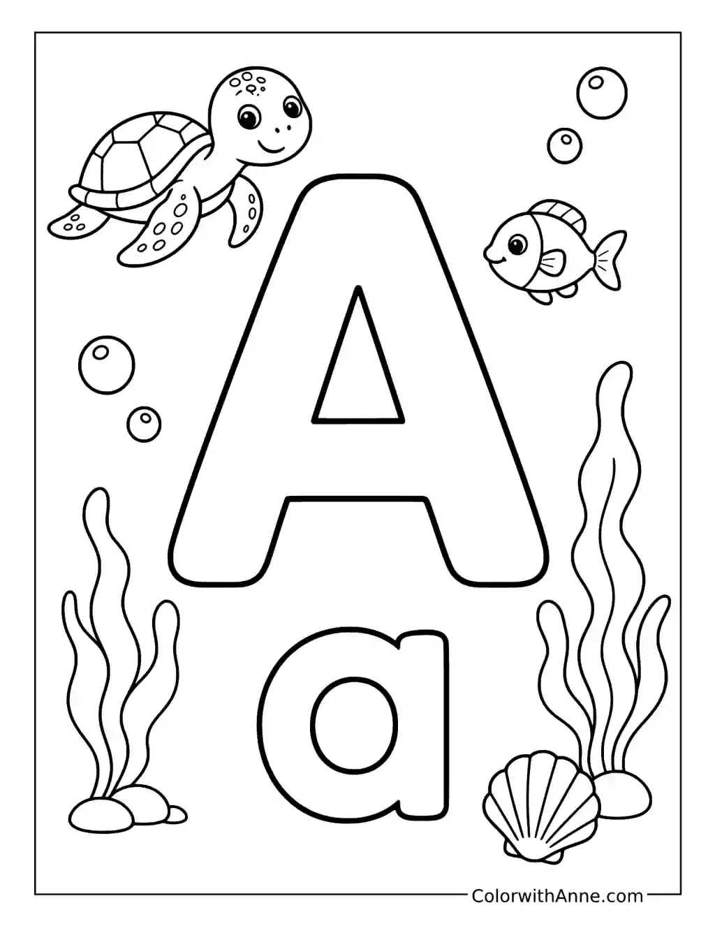 Letter A with a Sea Turtle and Fish coloring page