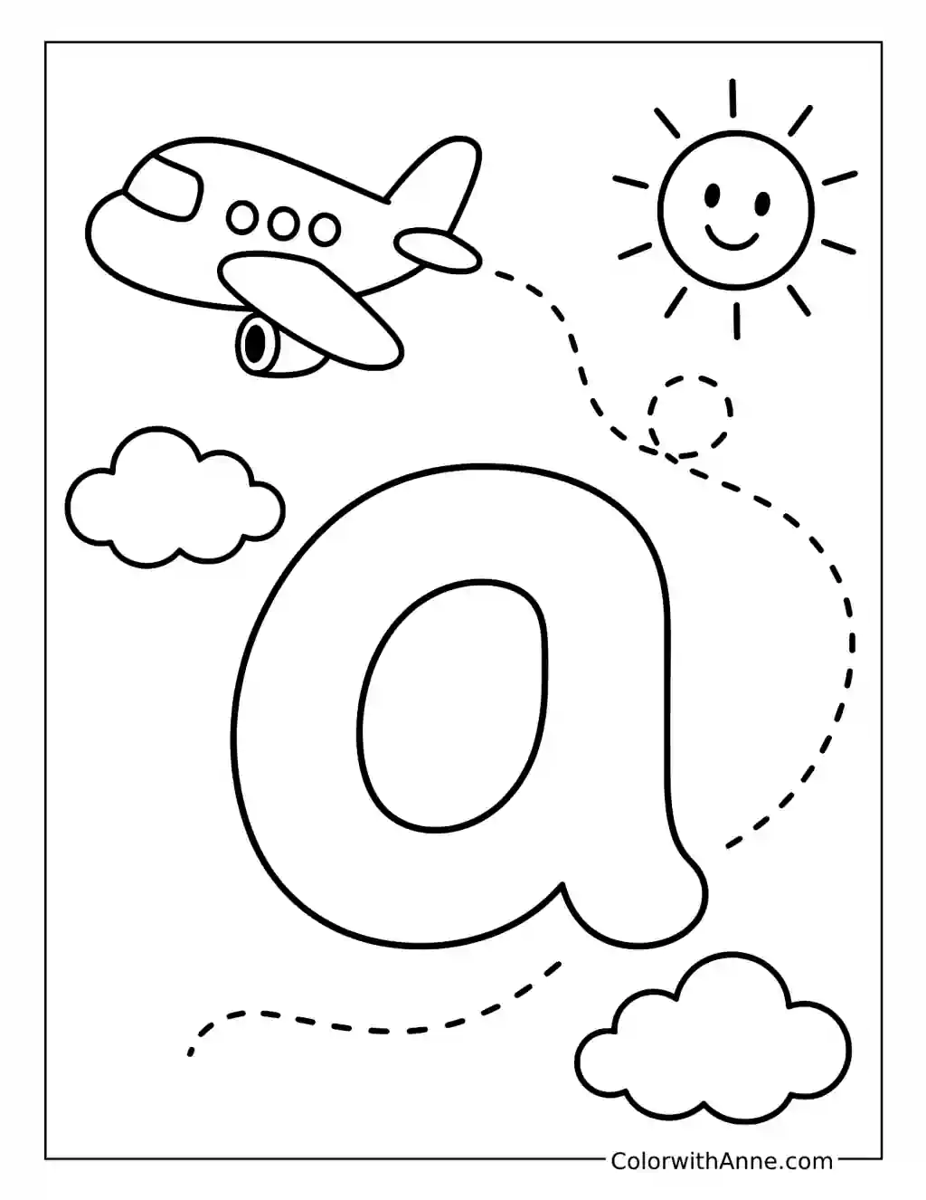 Letter A with an Airplane and Smiling Sun coloring page