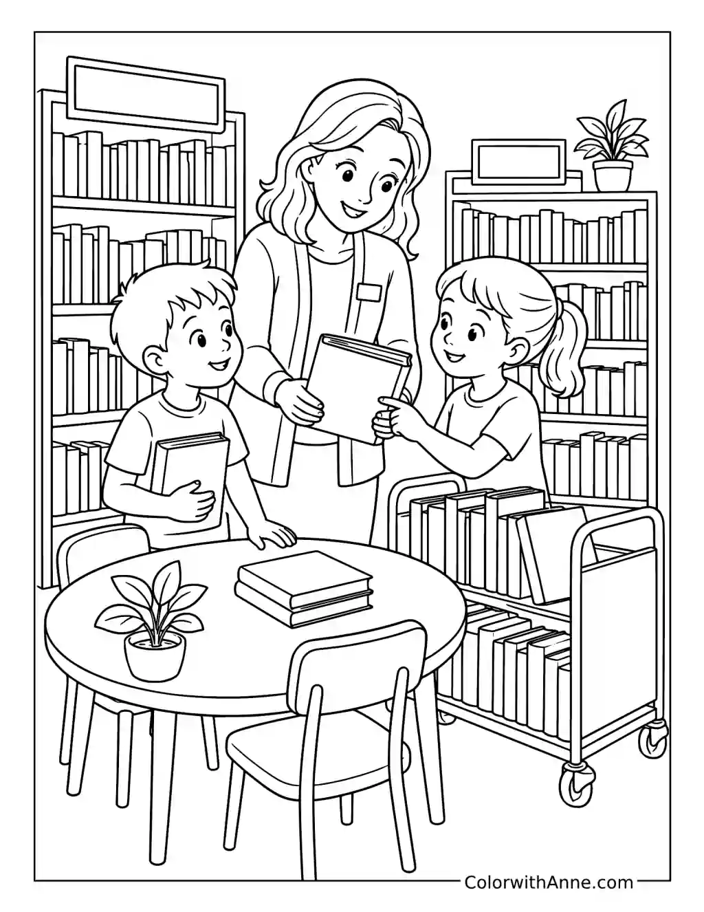 Librarian Helping Children Find Books coloring page