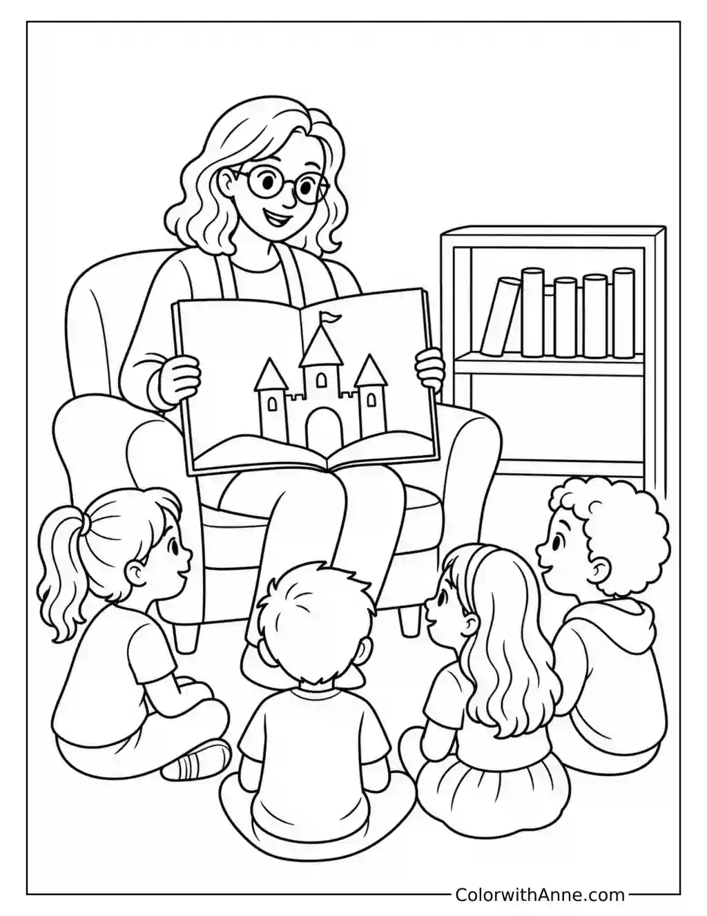 Librarian Storytime with Children coloring page