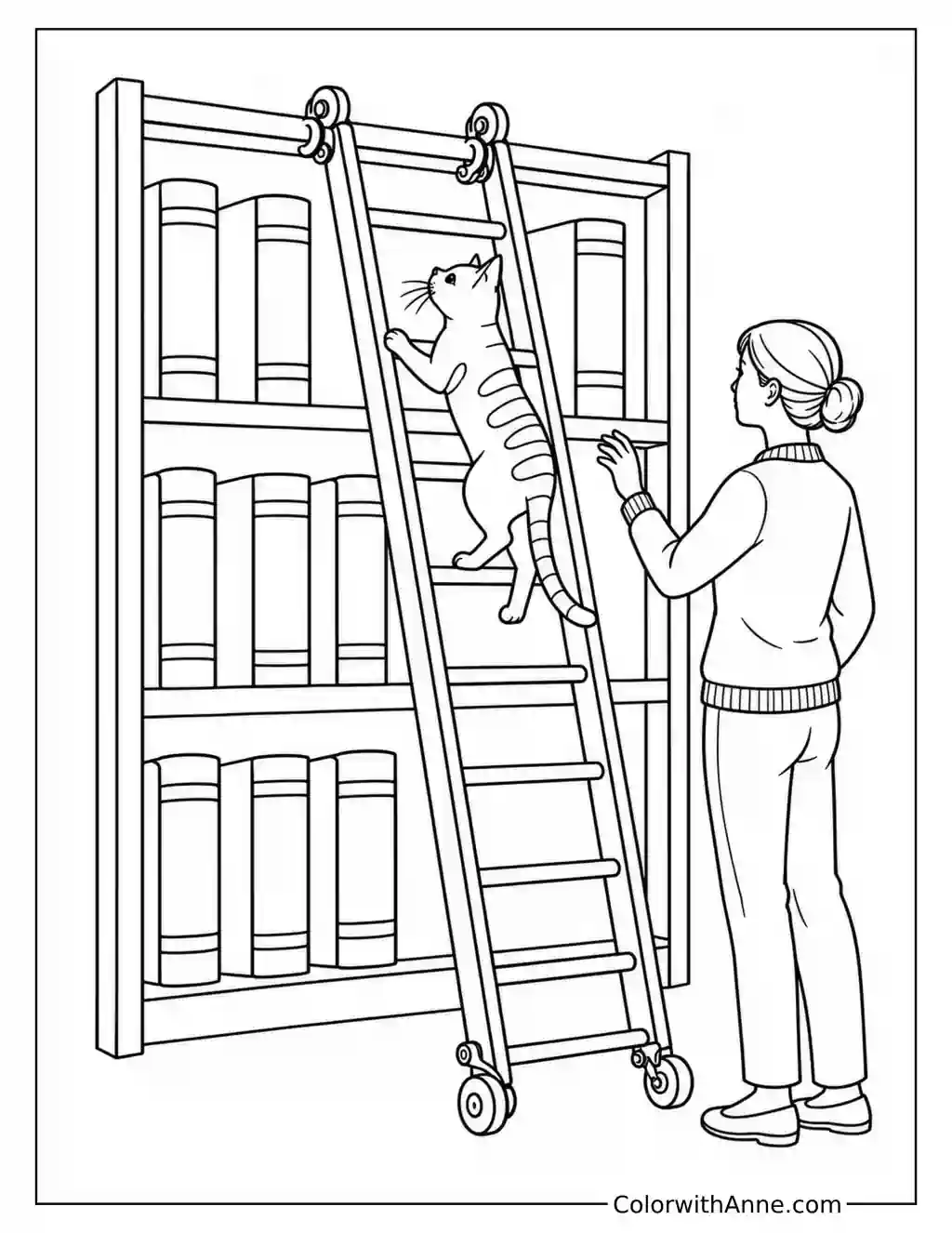 Library Cat Climbing the Rolling Ladder coloring page