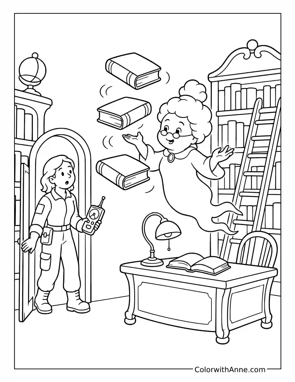 Library Ghost Floating Among Books Before a Startled Investigator coloring page