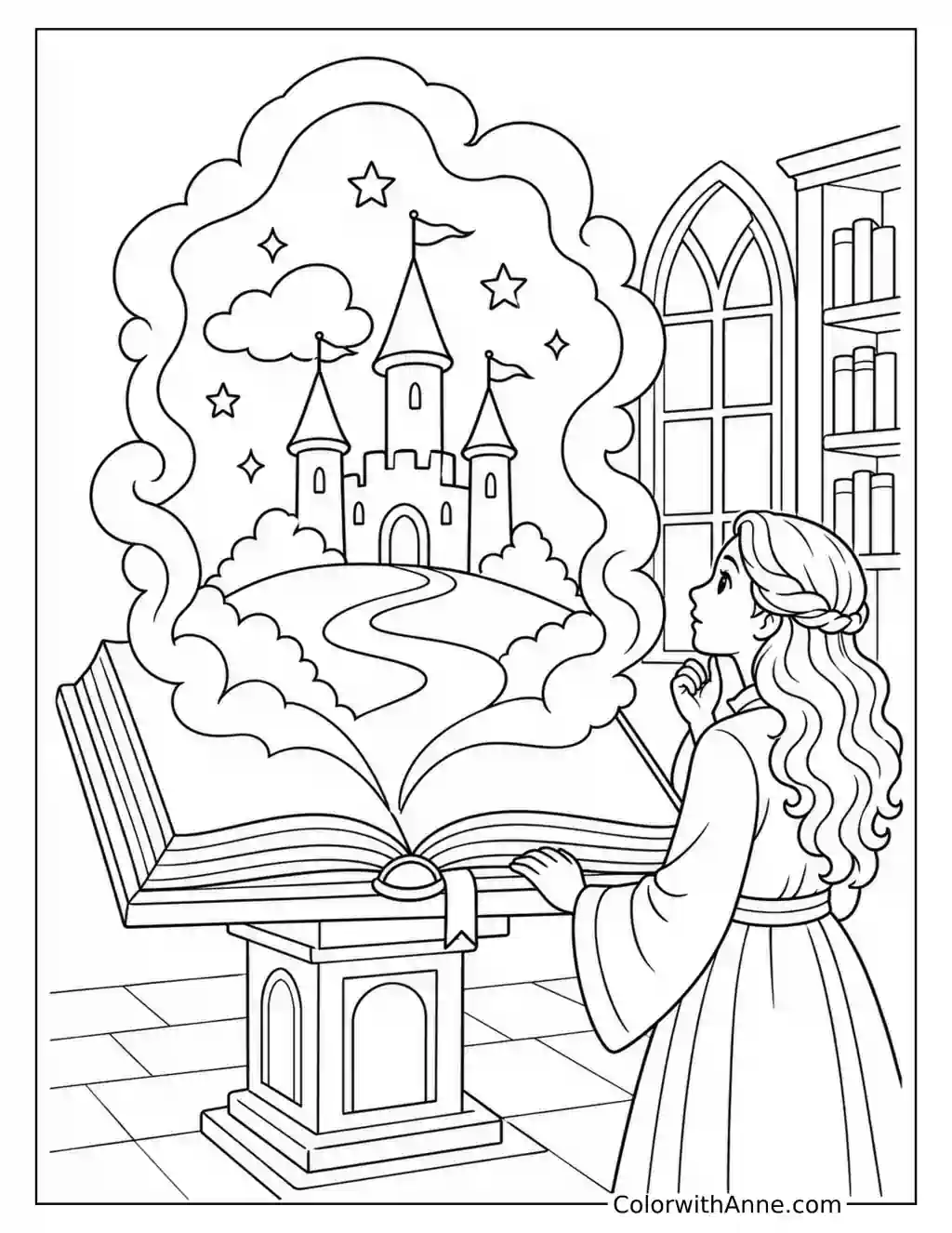 Library Storybook with a Fantasy Castle coloring page