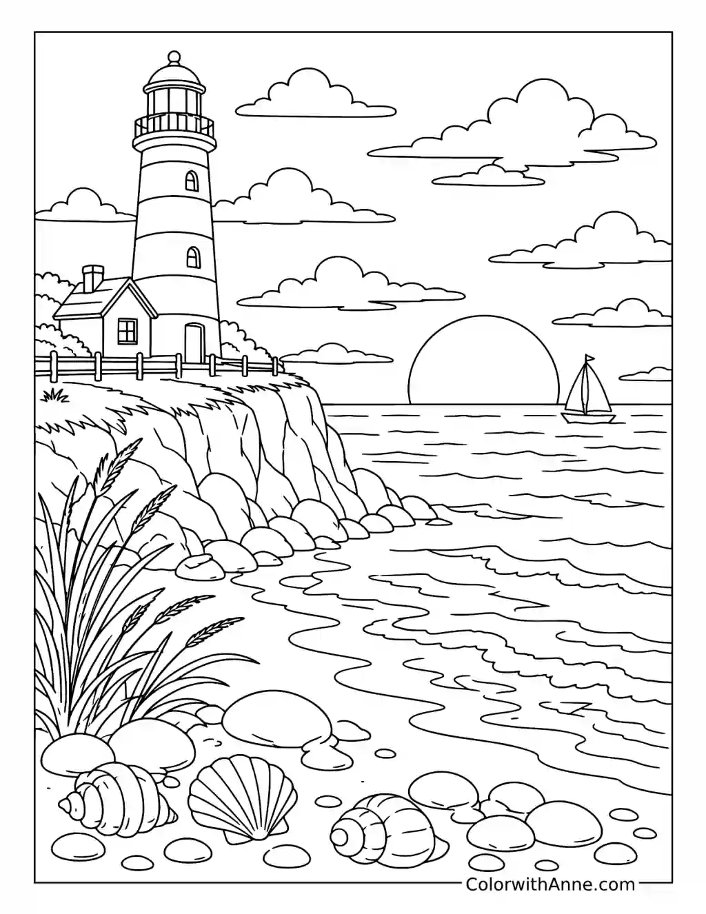 Lighthouse by the Sea at Sunset coloring page