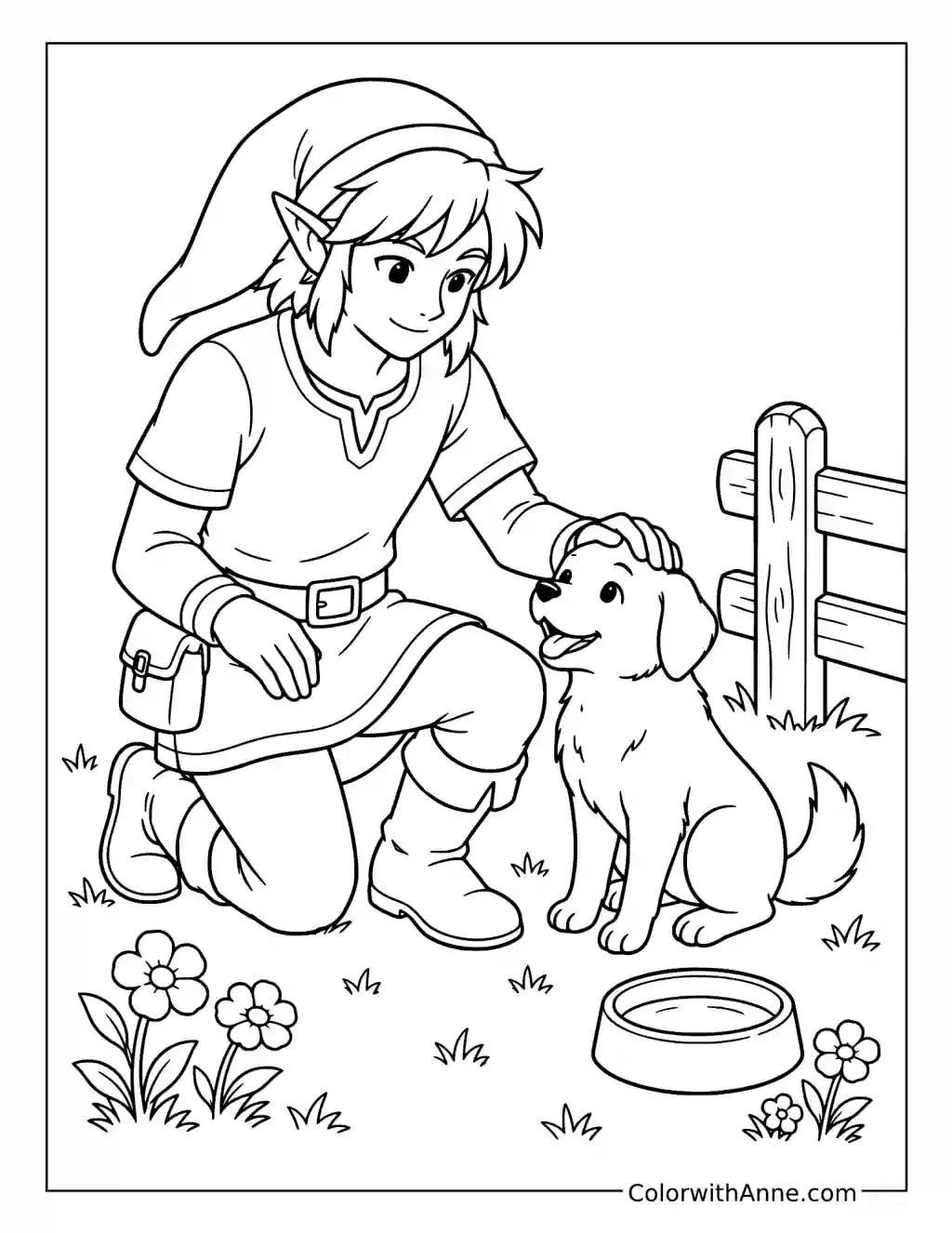 Link and Puppy in a Peaceful Meadow coloring page