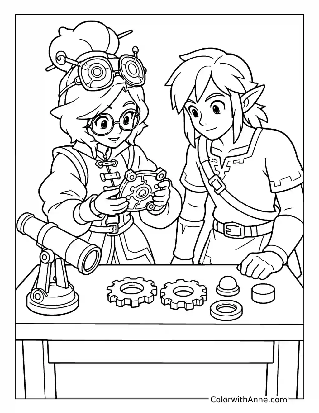 Link and Purah Examining Technology in a Workshop coloring page
