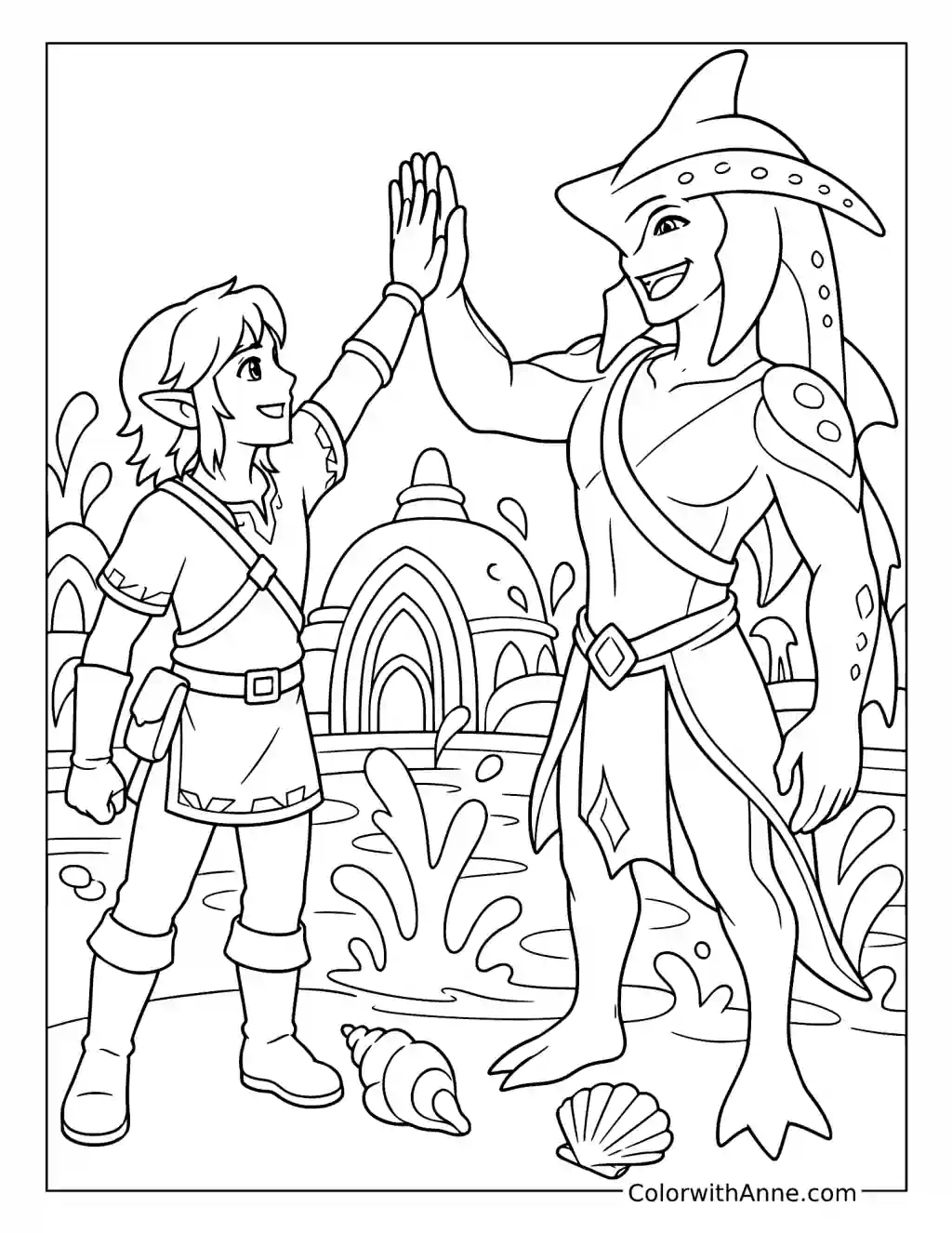 Link and Sidon High-Fiving in Zora's Domain coloring page