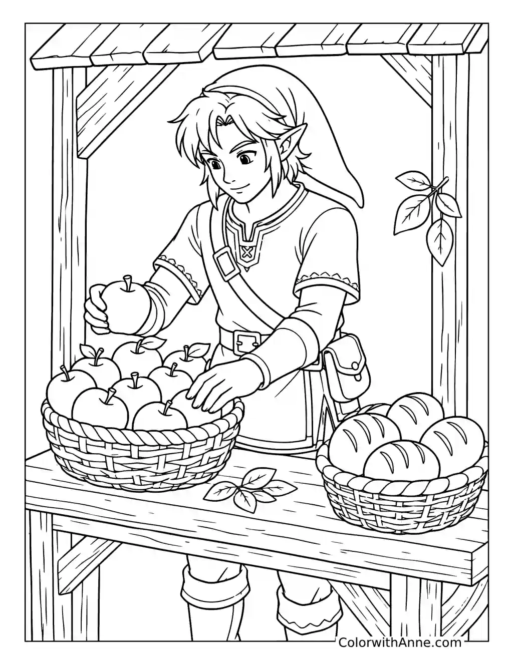 Link Arranging Apples at a Market Stall coloring page