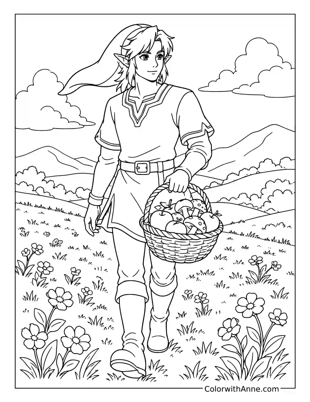Link Carrying Apples and Mushrooms Through the Meadow coloring page
