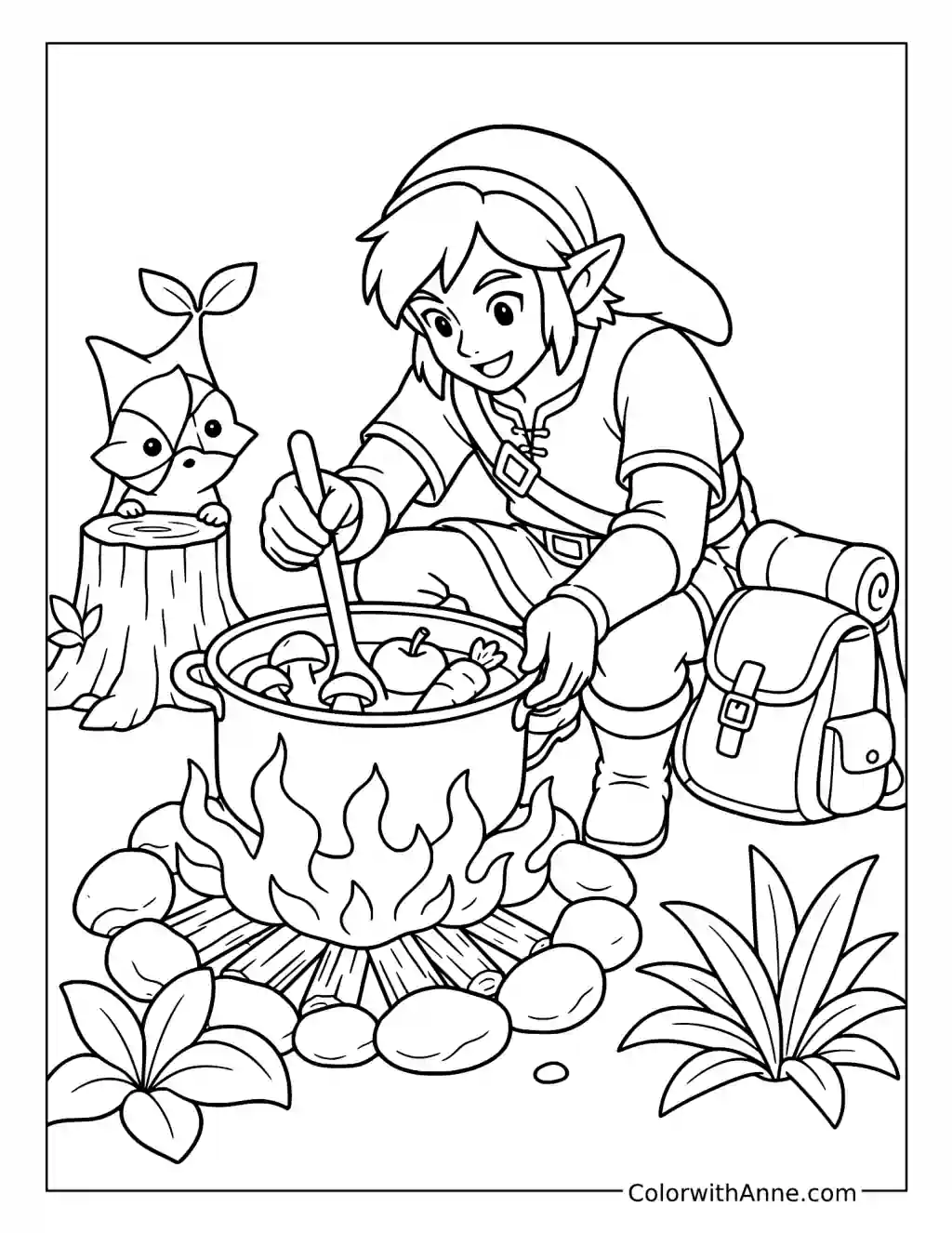 Link Cooking over a Campfire with a Korok coloring page