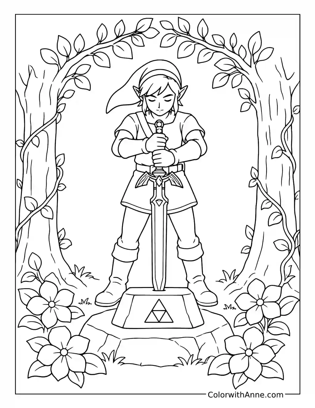 Link Drawing the Master Sword from Its Pedestal coloring page