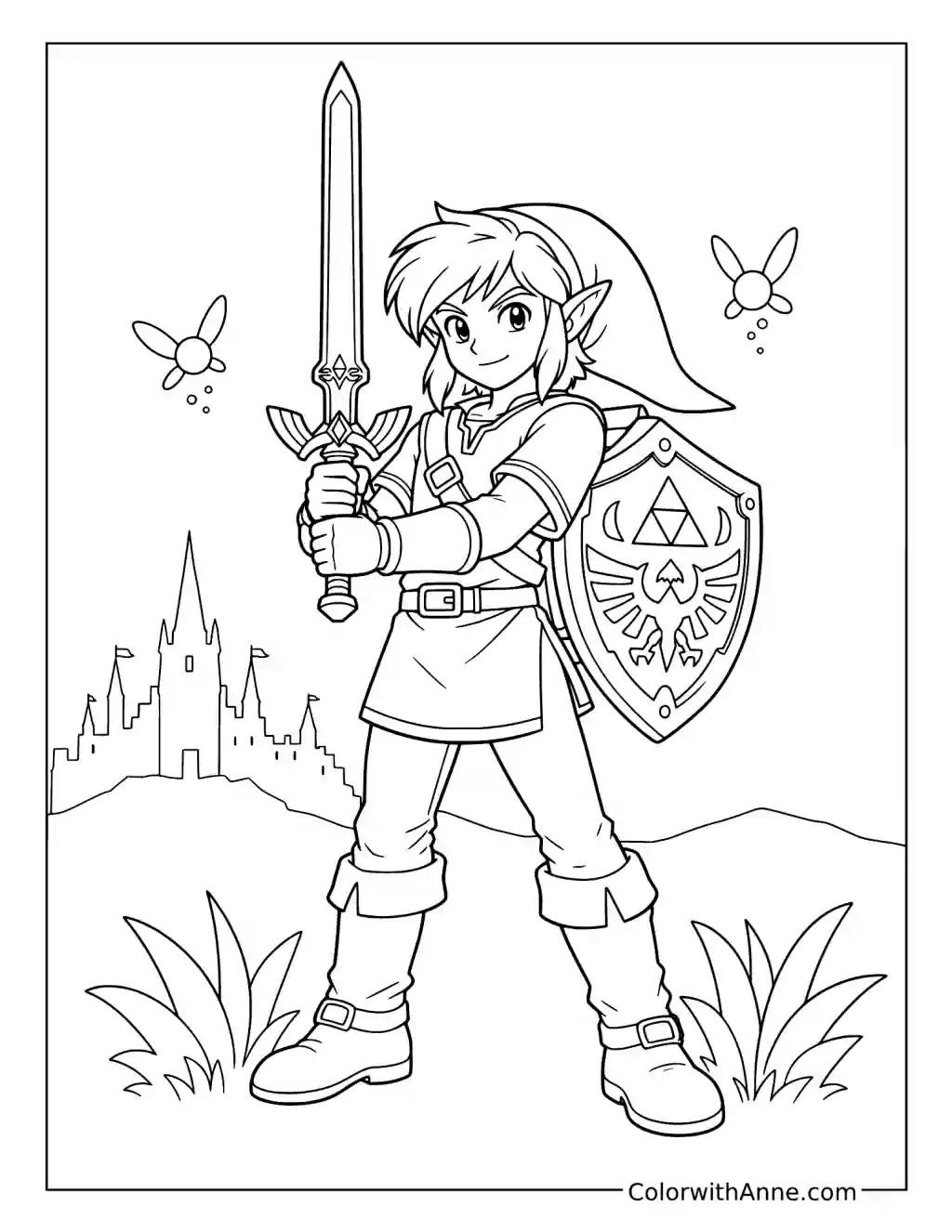Link Holding a Sword and Hylian Shield coloring page