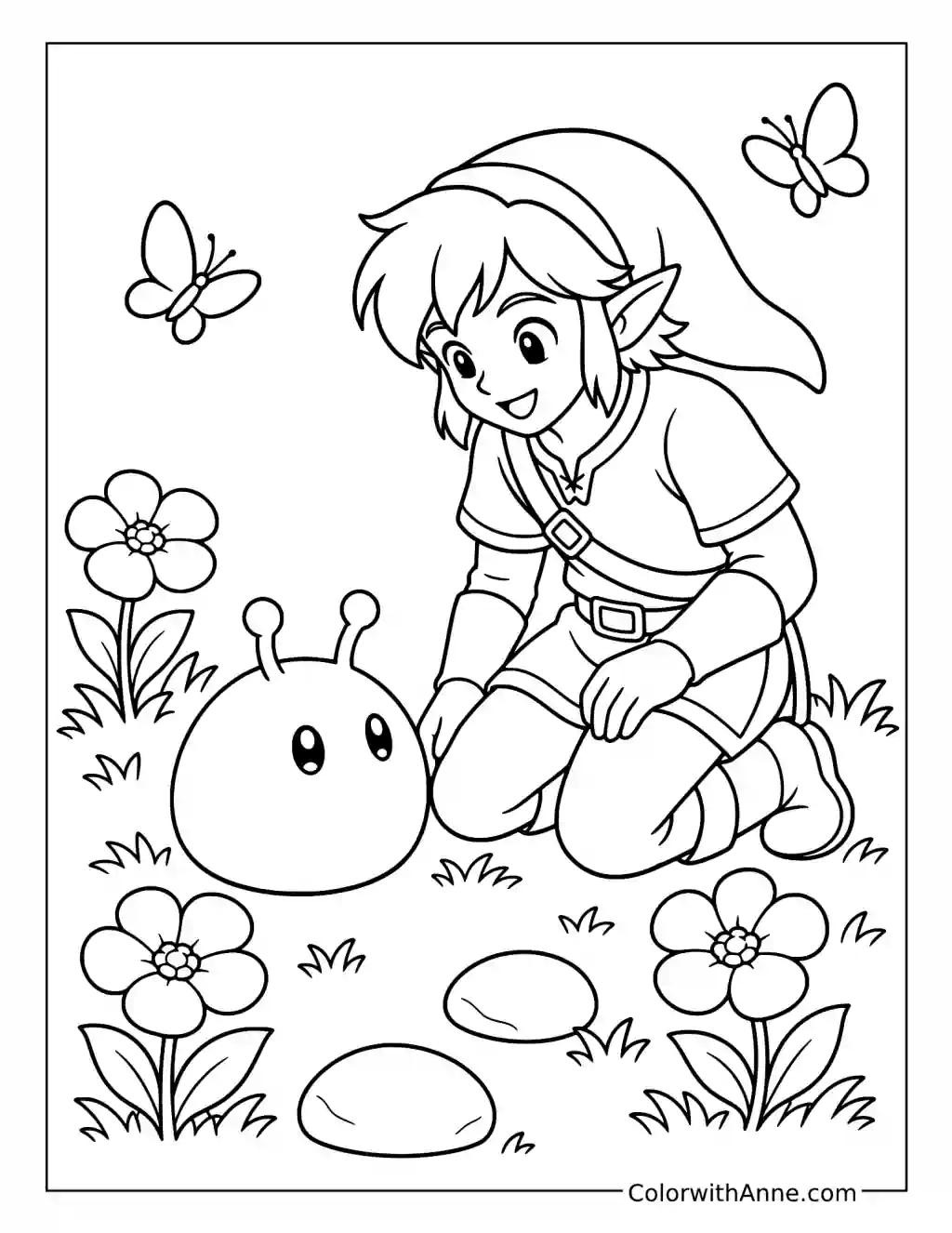Link Kneeling Beside a Chuchu Among Flowers coloring page