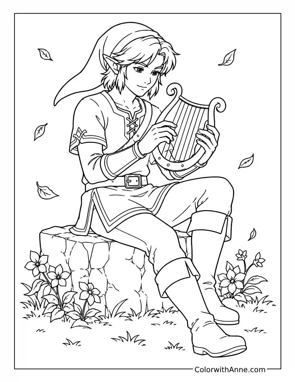 Link Playing Harp Among Flowers coloring page