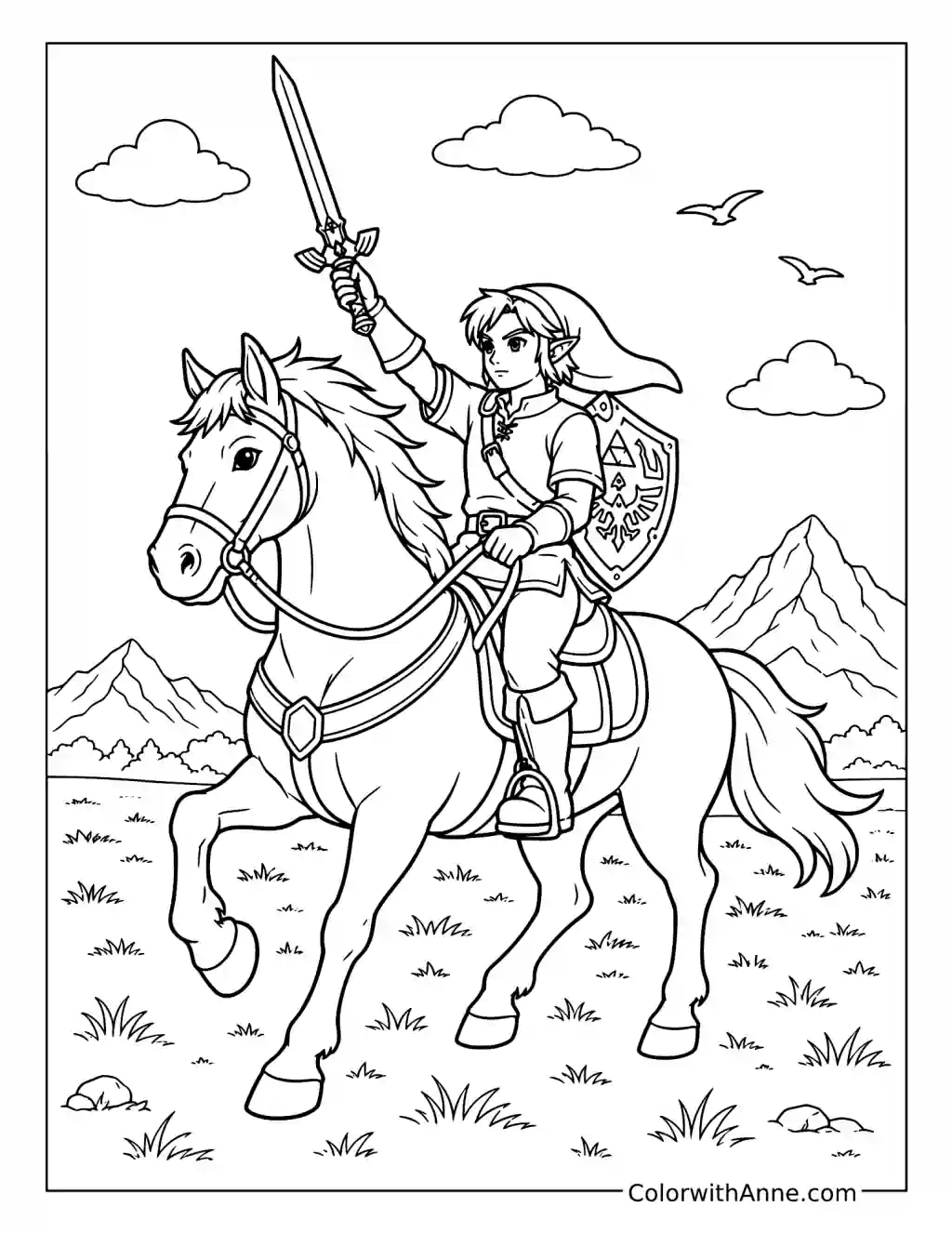 Link Riding Epona with His Sword Raised coloring page