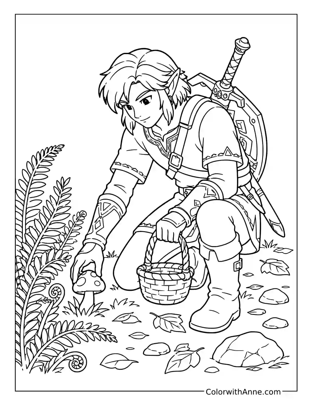 Link's Peaceful Woodland Mushroom Gathering coloring page