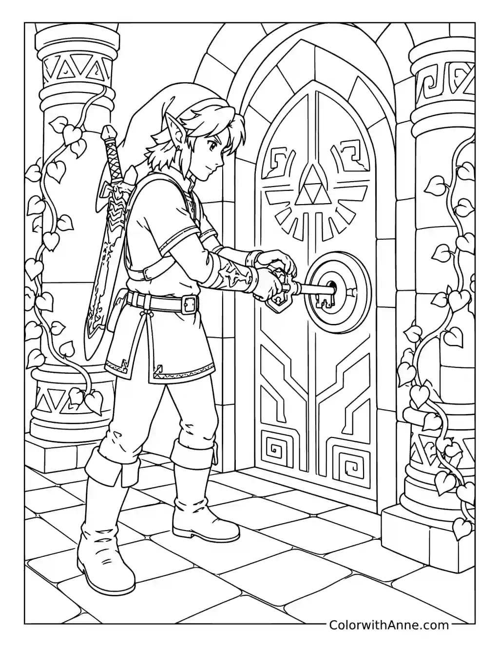 Link Unlocks the Ancient Temple Door coloring page