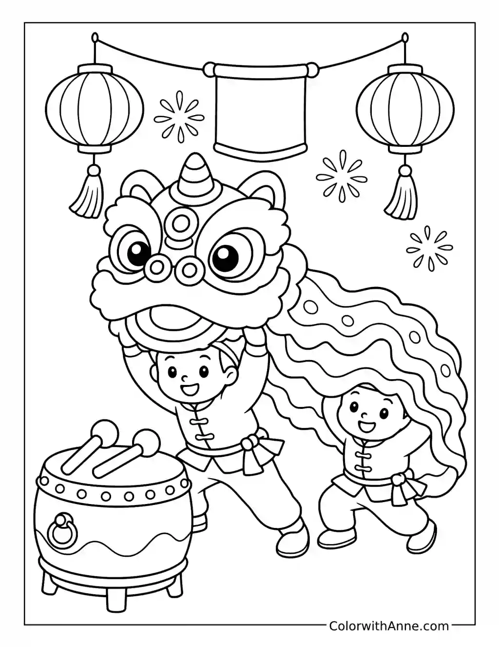 Lion Dance with a Festive Drum coloring page