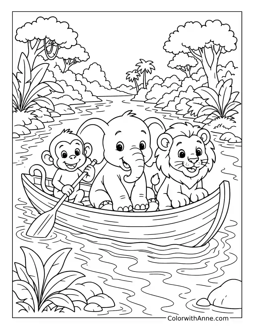 Lion, Monkey, and Elephant Riding in a Jungle Canoe coloring page