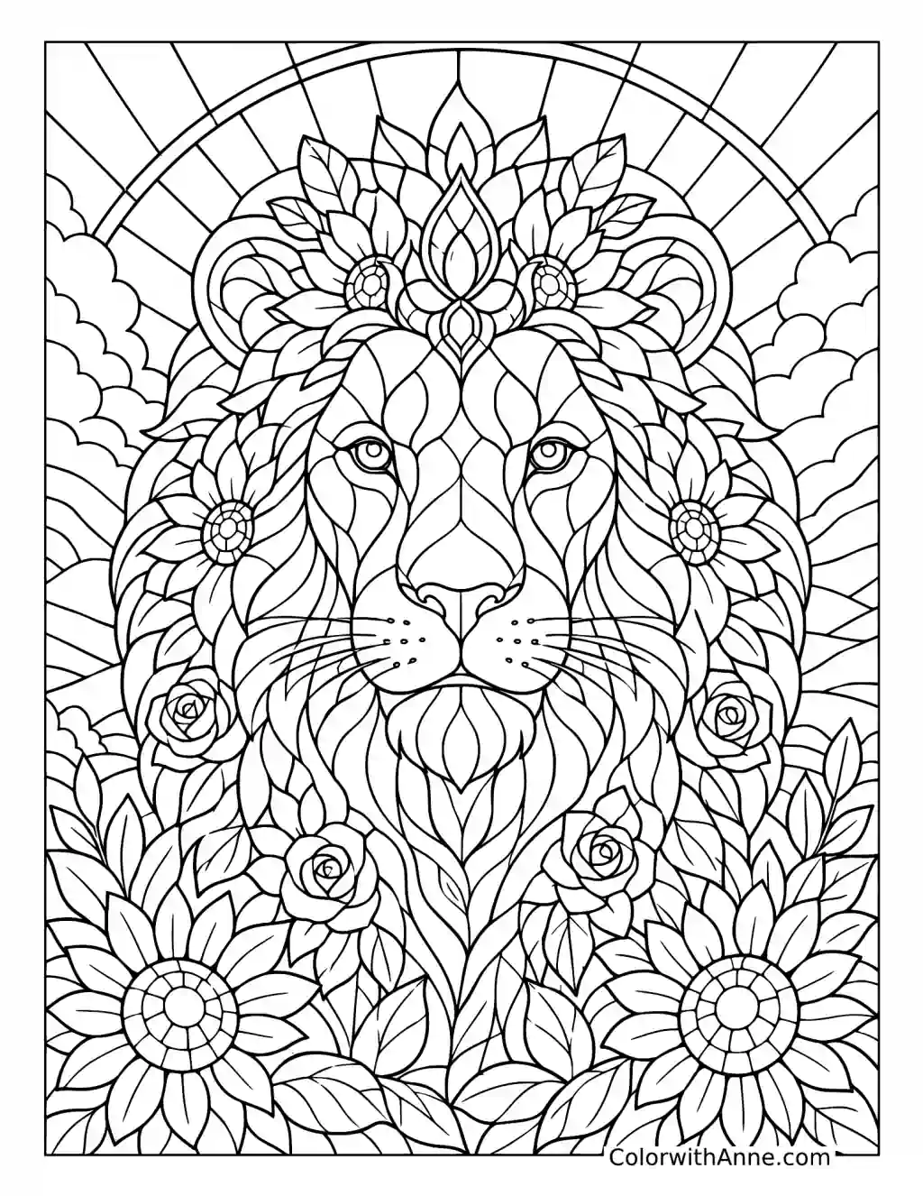 Lion with a Floral Mane Stained Glass coloring page