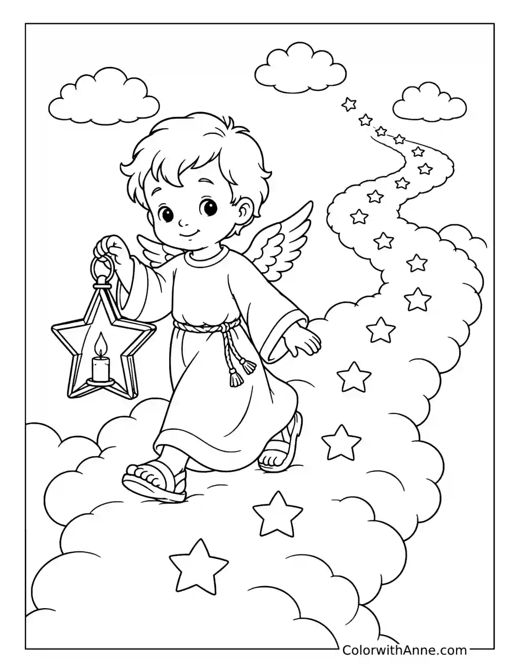 Little Angel's Starlit Cloud Walk coloring page