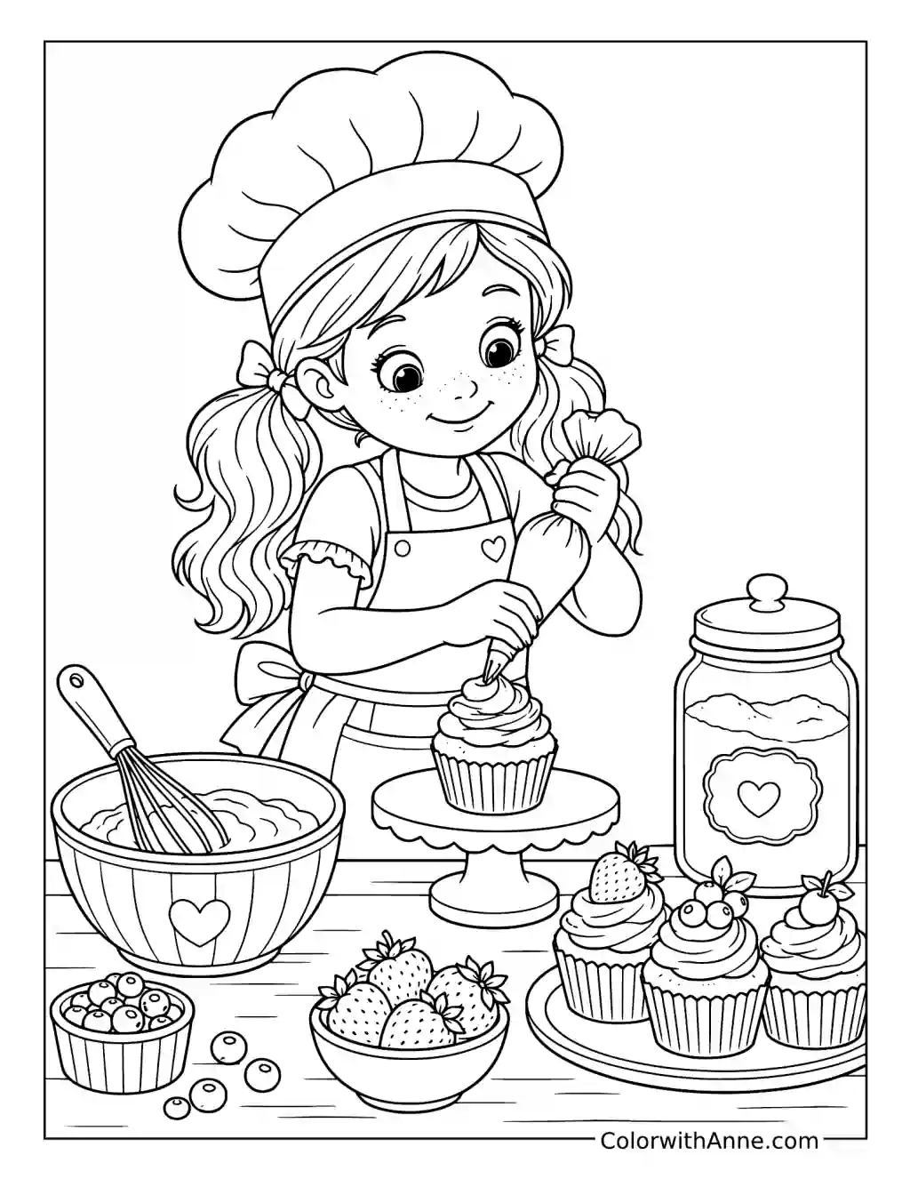 Little Chef Decorates Cupcakes coloring page