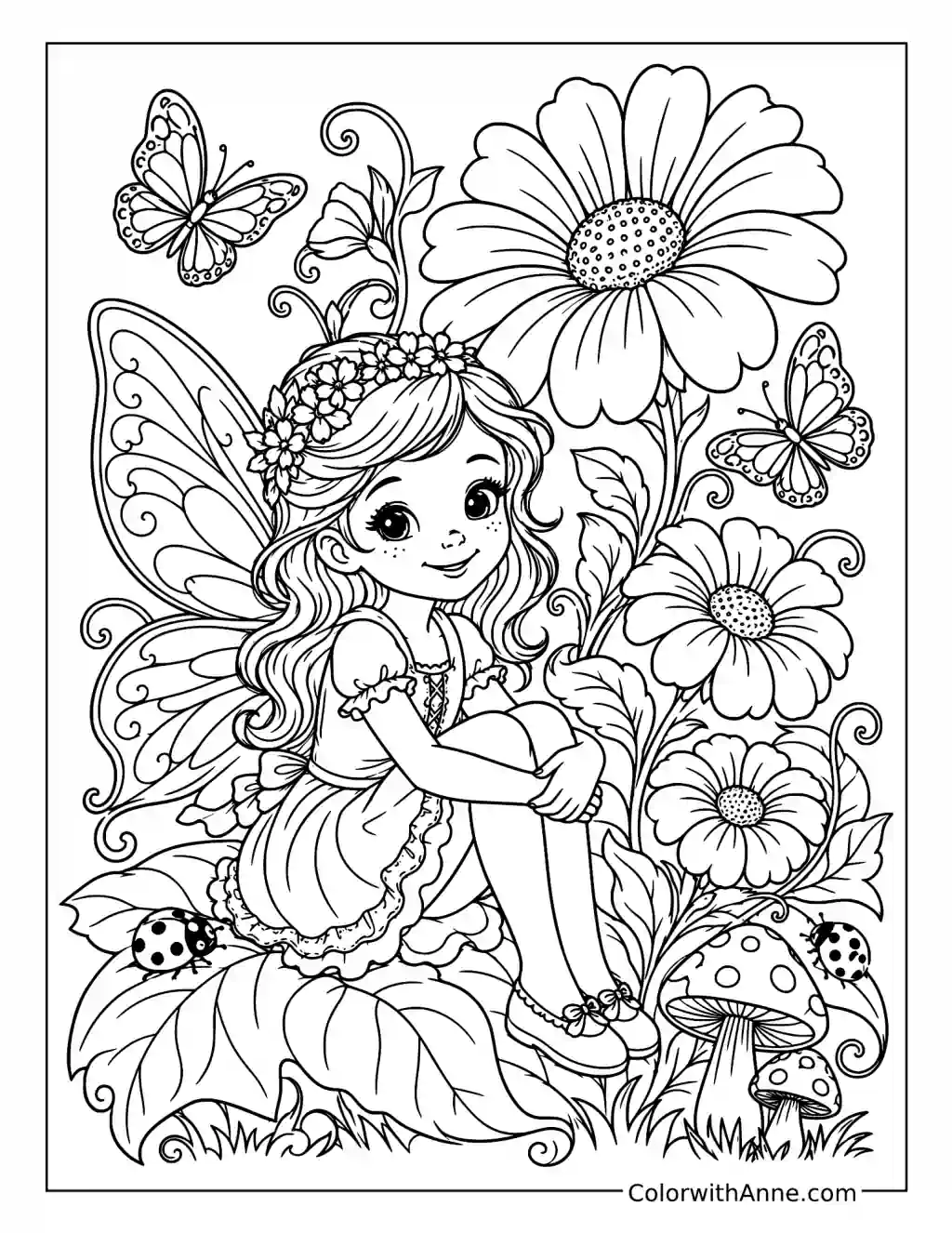Little Fairy Among Giant Flowers coloring page