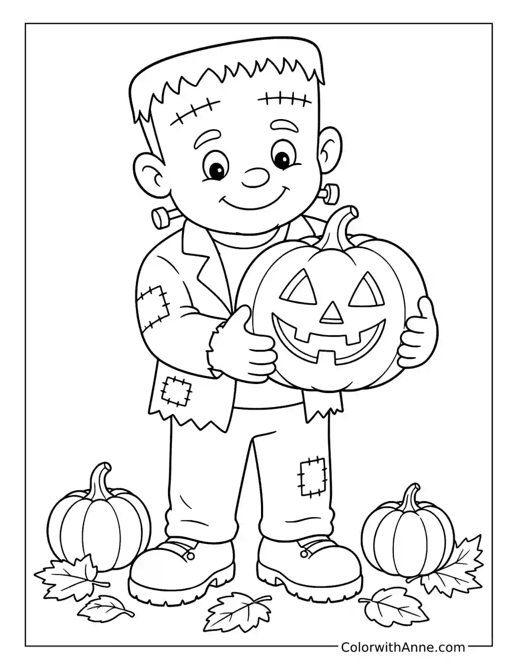 Little Frankenstein Holding a Jack-o'-Lantern coloring page