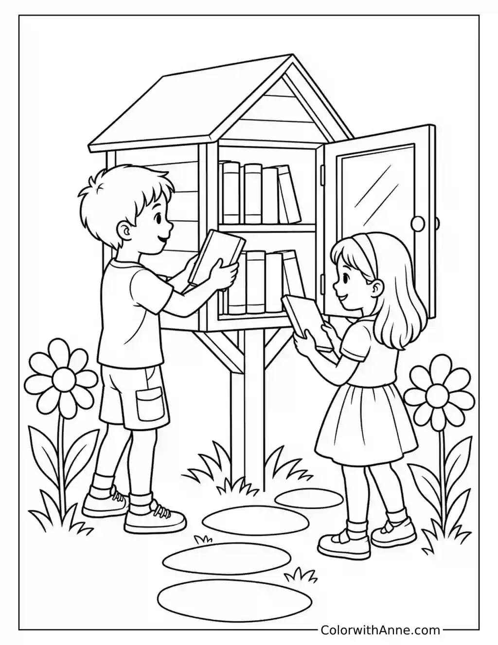 Little Free Library in a Flower Garden coloring page
