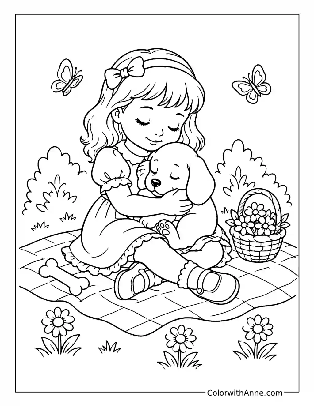 Little Girl Cuddles Sleepy Puppy coloring page