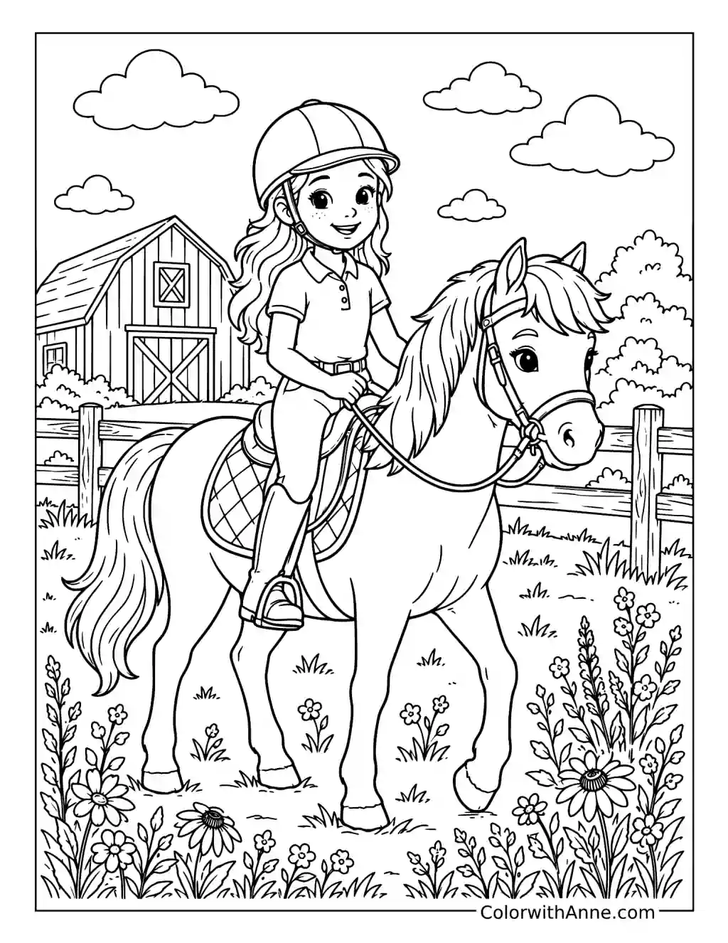 Little Girl’s Countryside Pony Ride coloring page