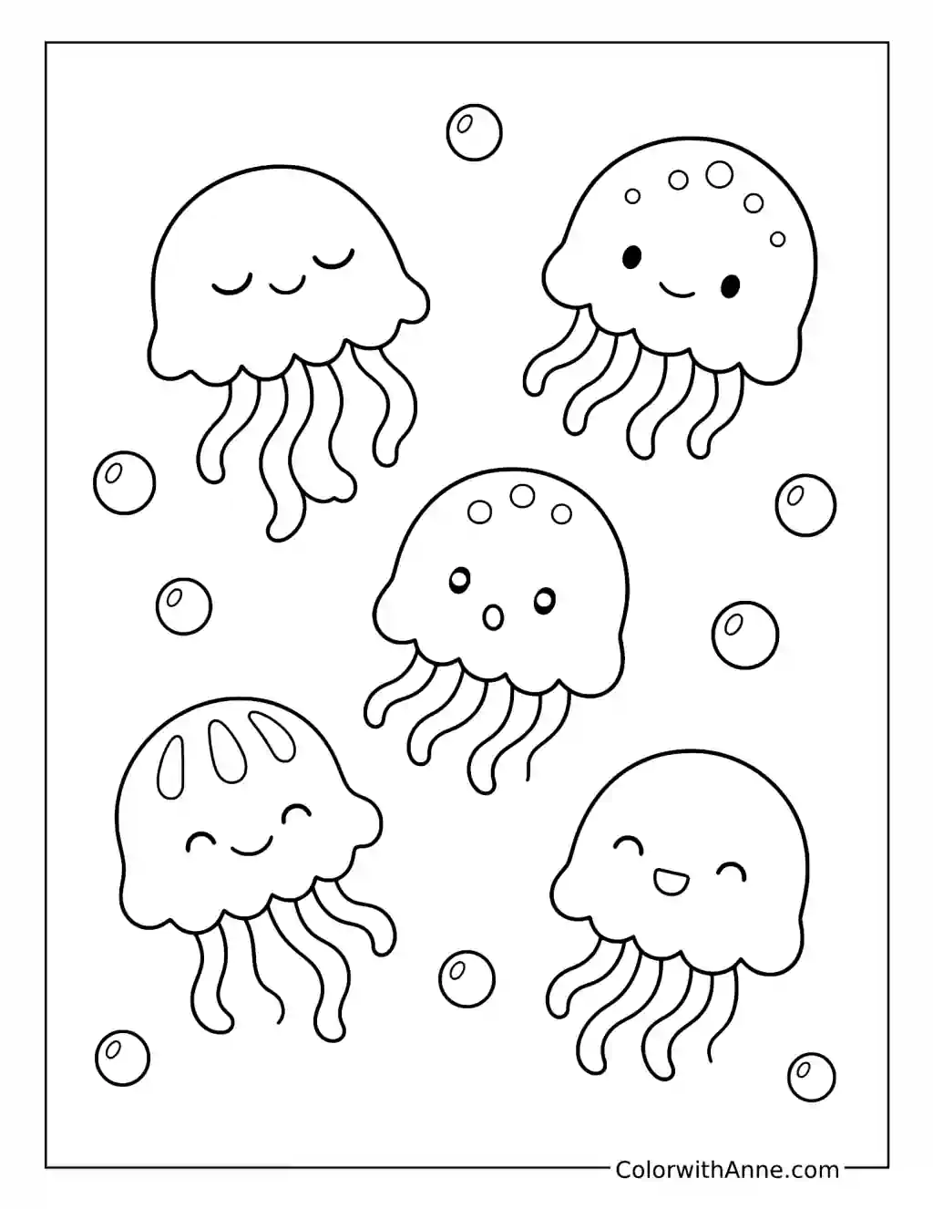 Little Jellyfish with Sleepy Happy and Surprised Faces coloring page