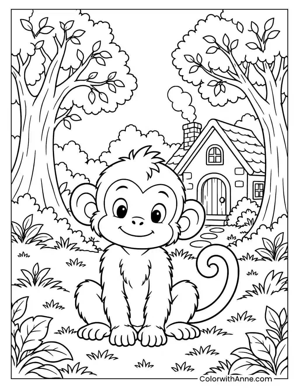 Little Monkey in a Forest Coloring Page