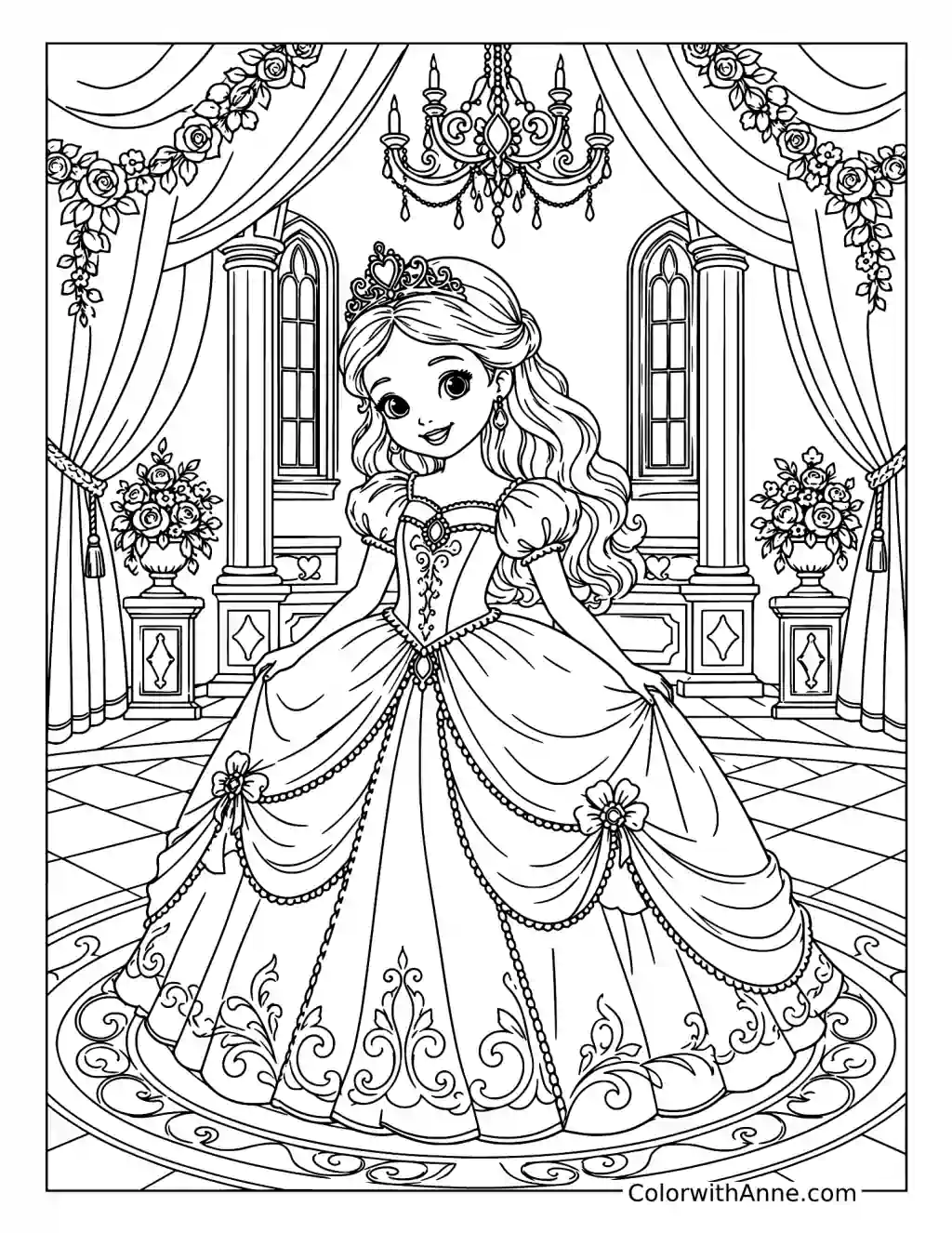 Little Princess at the Castle Ballroom coloring page